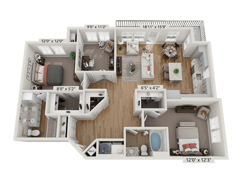 Floor plan for 3 beds, 2 baths, 1285 sqft